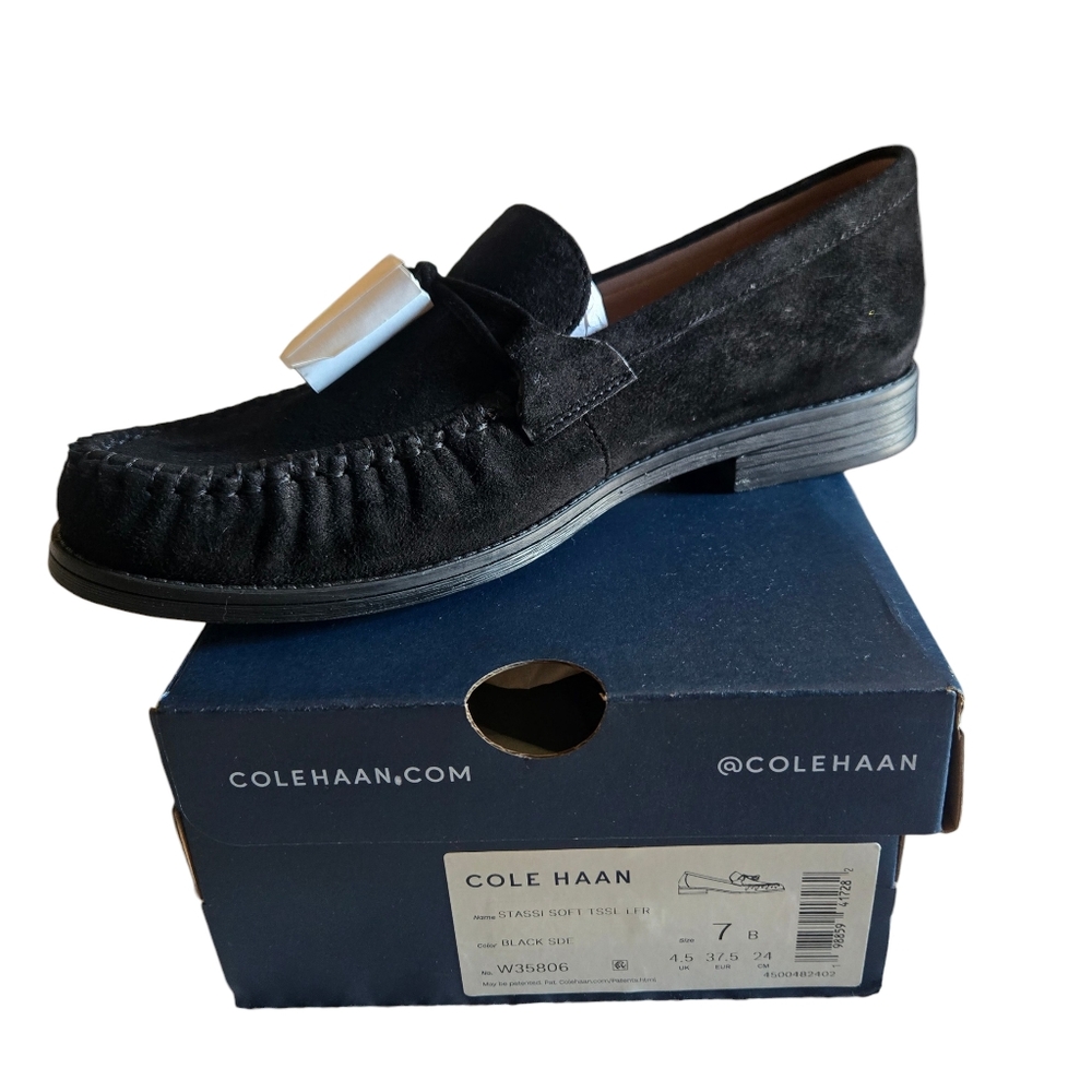 Cole Haan Women's Stassi Soft Tassel Loafers in black suede, size 7.